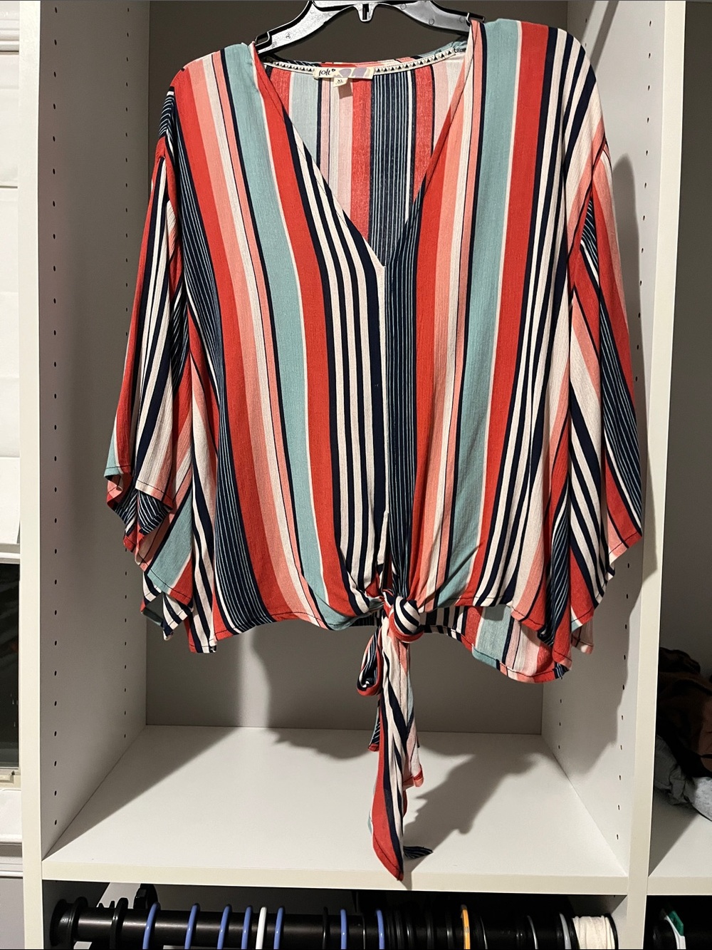 Jolt Striped Tie-Front V-Neck Blouse in Coral, Navy & Mint